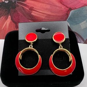 Trifari Red Enamel Circle Dangle CLIP On Earrings